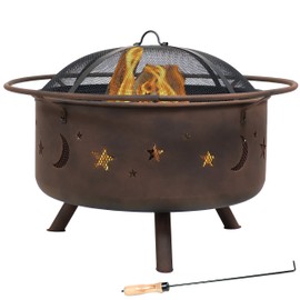 Sunnydaze Cosmic Outdoor Fire Pit - 30 Inch Round Bonfire Wood Burning Patio & Backyard Firepit for Outside with Cooking BBQ Grill Grate, Spark Screen, and Fireplace Poker, Celestial Design