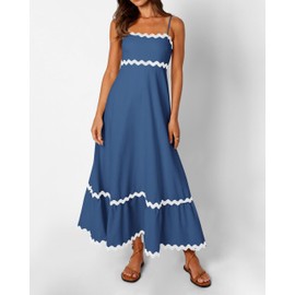 dowerme Women's Dresses 2025 Summer Casual Slip Sleeveless Backless Wave Boho Flowy Swing Long Wedding Guest Dress(Dark Blue,Small)