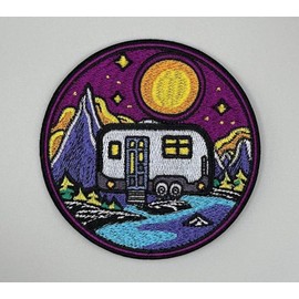 3.5" Vintage Trailer Iron On Patch - Embroidered Vintage Retro Backwoods Hippie Traveler Adventure Outdoor Scout Girl Boy Scouts Nature Hiking Camping Applique Appliques Iron On Sew On Patches