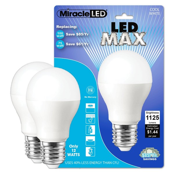 Miracle LED MAX, Replaces 100W Household Bulbs, Outperforms Floods in 9-20' Tall Ceilings, Cool White, 2 Pack (604720)