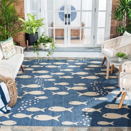SAFAVIEH Courtyard Collection 7'1" Square Blue/Beige CY6012 Indoor/ Outdoor Waterproof Easy Cleaning Patio Backyard Mudroom Area Rug