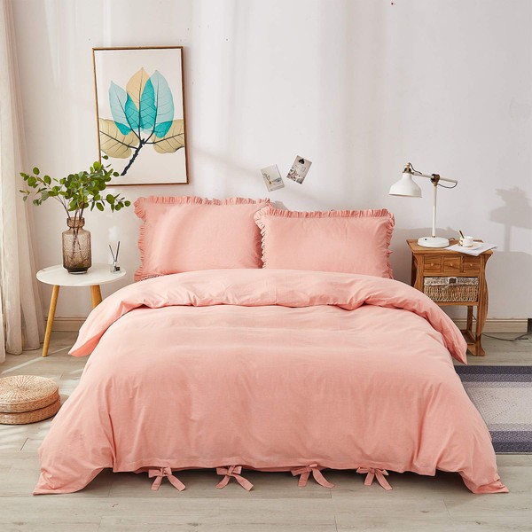 Softta Pink Bowknot Bedding Set 3 Pcs King Girls Ruffle Chic Duvet Cover 100% Washed Cotton Solid Color for Grils Woman