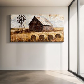 YONICA Farmhouse Wall Art Rustic Barn Windmill Cornfield Pictures Countryside Rural Landscape straw ball Painting Canvas Artwork Stretched and Framed Ready to Hang Home Decor 40x20 Inches