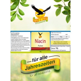 Get UP Vitamin B3 Niacin Powder (Flush) - 100 g Tin with Dosing Spoon - Pure Niacin (Nicotinic Acid) Powder with Flush - High Bioavailability - Vegan & Laboratory Tested