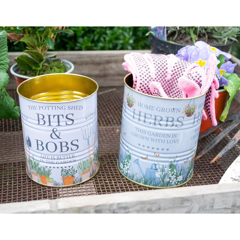 Set of 2 Potting Shed Round Metal Garden Storage Tin