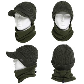 Comhats Winter 2 Piece Wool Knit Hat & Scarf Set for Men Visor Beanie Cap Fleece Lined Cold Weather Warm Unisex Army Green Medium