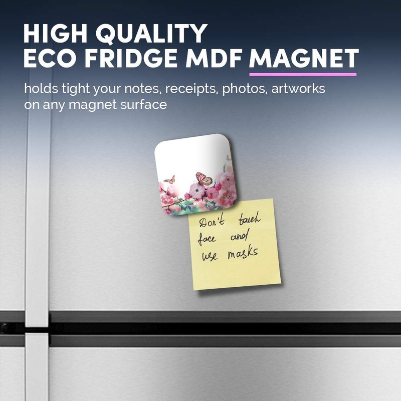 1 x Square MDF Fridge Magnet - Pink Flowers Butterfly