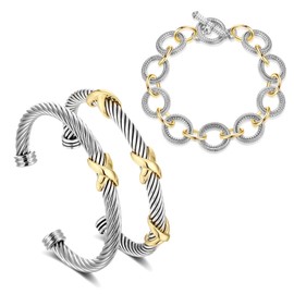 Aprilery 3 Pcs Cuff Bracelet for Women Wire Cable Bracelet - Twisted Two Tone Bangle Gold and Silver Bracelet - Chain Circle Link Bracelets Jewelry Gifts