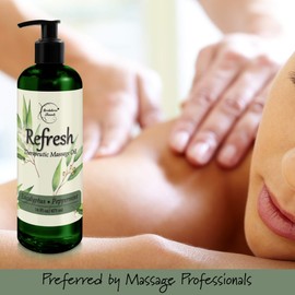 Refresh Massage Oil for Massage Therapy with Eucalyptus & Peppermint Essential Oils - All Natural, Great for Sore Muscles. Ideal for Full Body Relaxation – Nut Free Formula 16oz