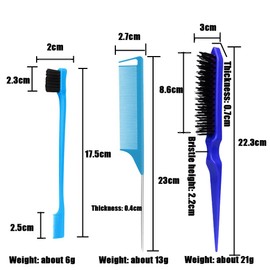 Smooth Bun Brush 3-Piece Set, Bilateral Brush Picking Hair Colour Brush Set and Rat Tail Comb, Bristle Hairdressing Comb, Hairdressing Side Brush Comb for Hairdressers, Women, Babies, Children (Blue)