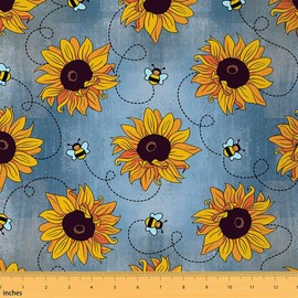 jejeloiu Sunflower Fabric by The Yard,Bee Upholstery Fabric,Botanical Floral Blossom Outdoor Fabric,Vintage Abstract Reupholstery Fabric for Chairs, 1 Yard, Yellow Blue