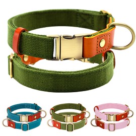 VAMOVISON Cotton and Linen Dog Collar - Durable and Adjustable Pet Collars with Metal Quick Release Buckle & D-Ring - Reinforced with Leather - Solid Color for Small Medium Large Dogs (M, Green)
