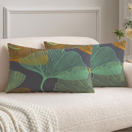 Avnaalvl 2 Pack Decorative Square Throw Pillow Cases Velvet Green Gingko Pattern Ginkgo Biloba Leaf Nature Orange Abstract Beautiful Floral Foliage Ginko Cushion Cover 12x20 Inch for Couch Bedroom Car