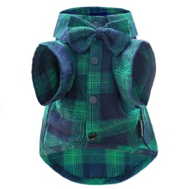 Soft Casual Dog Plaid Shirt,Gentle Dog Western Shirt Pet Clothes, Dog Cotton Shirt with Bow Tie for Wedding,Christmas Costumes (Medium, Green&Blue)