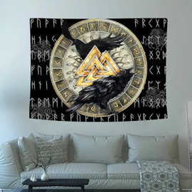 Arsey Nordic Mythology Viking Tapestry Valknut Ravens Art Wall Hanging Meditation Rune Aesthetic Rectangular Wall Towel for Living Room Bedroom Medieval Decoration 150 cm x 130 cm