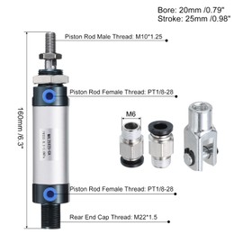 PATIKIL Pneumatic Air Cylinder 25mm Bore 25mm Stroke, MAL16 Single Rod Double Action with 1Pcs Y Connector, 2Pcs Fitting, 1Pcs Tape for Automatic Equipment, Silver