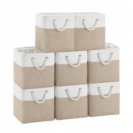 11x11 Inch Cube Storage Bins, 8 Pack Collapsible Fabric Storage Cubes with Rope Handles, Waterproof Foldable Storage Baskets for Cube Shelves, Closet, Clothes, Toys, Books, White & Beige Gold