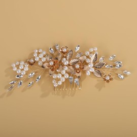 Teyglen Vintage Flower Bride Wedding Hair Comb Leaf Bridal Headpiece Gold Leaves Side Comb Pearl Crystal Hair Piece Hair Accessories for Women (Gold)