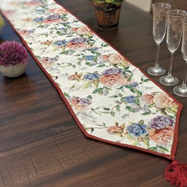 DaDa Bedding Vintage Romantic Roses Floral Tapestry Table Runner - Lovely Blossom Spring Garden Red Pink Violet Design - Elegant Decorative Cotton Linen Woven Dining Mats - Oversized 13" x 120"