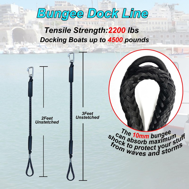 Bungee Boat Mooring Lines, 2FT, 1800LB Breaking Strength, 2 Carabiner