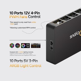 Ocypus Delta EH10 Fan Hub for Computer Case,Support 10 Ports 5V-3PIN ARGB / 12V 4PIN PWM, Smart Circuit Protection Controller, Magnetic Mount, SATA Powered(12V 4-pin RGB Fans not Supported)