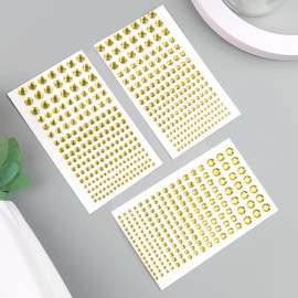 Self Adhesive Face Gems and Pearls for Makeup, Festival Jewels, Hair Gems Pearls, 3/4/5/6/8 mm Round Rhinestone Stickers for Face, Eye, Makeup, Body, Crafts 591Pcs (07_Light Gold)
