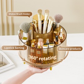 fanado 360° Rotating Makeup Organizers Countertop, 5 Slot Makeup Brush Holder Organizer for Cosmetics, Skincare Storage Beauty Holder for Eyeliner Lipstick on Bathroom Vanity(Clear Amber)