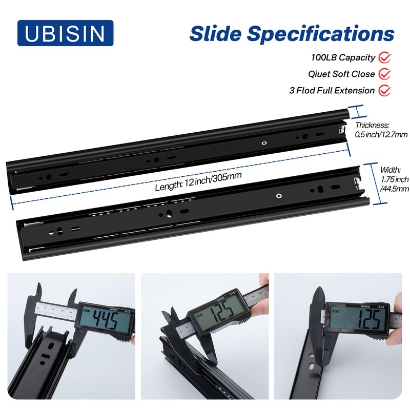 Ubisin Full Extension Ball Bearing Drawer Slides 12 Inch Side