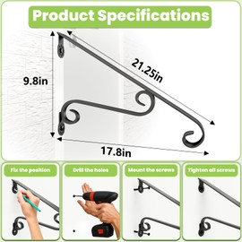 PLESIU Eachome Wrought Iron Handrail Wall Mounted Hand Railing Fit for 1-2 Steps for Outdoor Porch Steps, Black