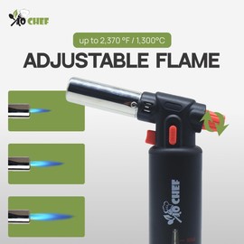 Jo Chef Butane Torch Lighter - 2,370°F Refillable Kitchen Torch, Adjustable Flame Lighter Gun With Safety Lock for BBQ, Baking, Brulee Creme, DIY, Crafts and Soldering - 2 Butane cans included (Black)