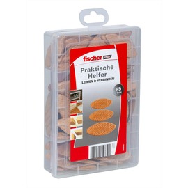fischer Praktische Helfer Leimen & Verbinden Assortment Box with 85 Flat Dowels, Set for Secure Connections of Solid Wood, Wood Materials and Panel Materials