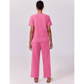 PINSPARK Lounge Sets for Women Soft Wide Leg Two Piece Sets with Pocket Drawstring Short Sleeve Crewneck Casual Travel Outfits,Rose Red Large