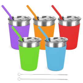 Luismia 5 Pack Kids Cups with Straws Lids Spill Proof Toddlers Tumbler with Colorful Silicone Sleeves Reusable Kids Stainless Steel Smoothie Cups with Lids for Cold & Hot Drinks -12oz