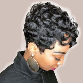 Flandi Human Hair Short Pixie Cut Wigs For Black Women, Glueless, Pre-Plucked, Curly With Bangs, Size 22.25 inches, Color 1B#