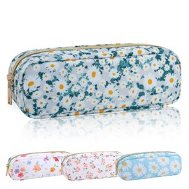 Iqimott - Mini bolsa de maquillaje floral de nailon, bonita bolsa de cosméticos pequeña, impermeable, con cierre, bolsa de viaje, Margarita verde, Delgado, Moda