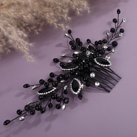 Rumtock Black Crystal Hair Piece Rhinestones Beads Hair Comb Vintage Sparkle Long Hair Accessories for Women Wedding Brides (Black)
