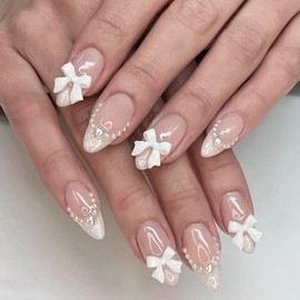 ASOMI 24 Pieces Short False Nails With Glue, Nude Pink False Nails, Cute Bow Nail Charm Design, Acrylic Nails, French Beads, Press On Nails