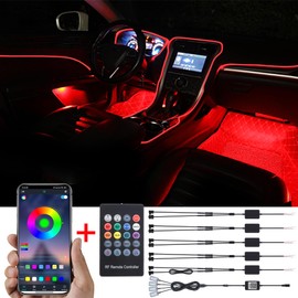 TABEN Car Ambient Light Kit, 8 Metres Integrated Fibre Optic Multicoloured Footwell Atmosphere Lighting Music Sync Sound Active Memory Function Remote Control and Bluetooth App Control 12V-24V