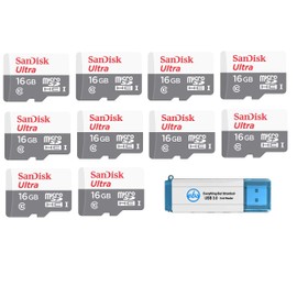 SanDisk Ultra SDSQUNS-016G-GN3MN 16GB (10 Pack) UHS-I Class 10 microSDHC Card Bundle with (1) Everything But Stromboli 3.0 SD/TF Micro Reader