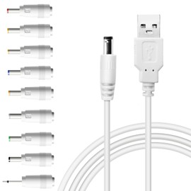 USB to DC 5V Power Cord, Universal DC 5.5x2.1mm Charging Cable with 9 Interchangeable Connectors Adapter for Moon Lamp, Massage Wand, Router, LED Light, Mini Fan, Speaker and More Devices (White)