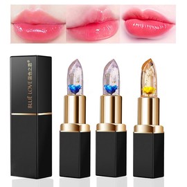 BLUE LOVE 3-Piece Color Changing Flower Jelly Lipstick Set - Nourishing Clear Lip Balm with Flower, Long-Lasting Moisturizing Lip Gloss Makeup - Color: 3Pc Blue, size: 3 Count (Pack of 1)