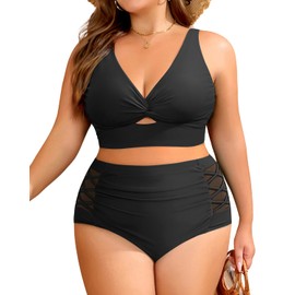Women's Plus Size Two Piece Swimsuits - High Waisted Bikini Tummy Control Bathing Suits 2025 Twist Knot Swimwear Black 16W