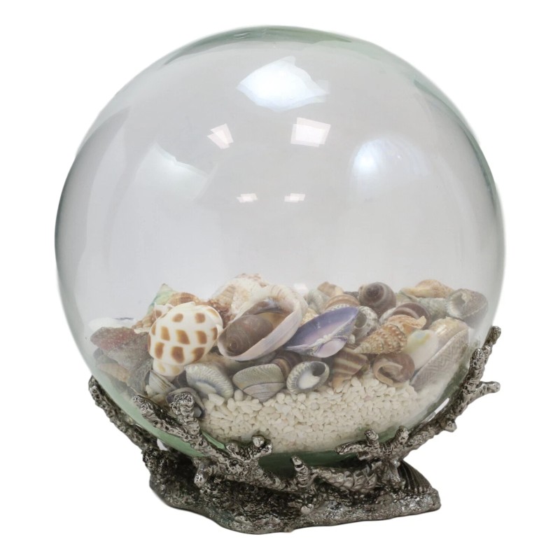 Nautical Marine Sea Shells Glass Globe Ball On Silver Coral