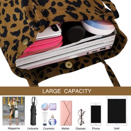 Ayieyill Corduroy Tote Bag for Women Girl Canvas Shoulder Cord Purse with Inner Pocket For Work Beach Lunch Travel School Shopping (Brown Leopard)