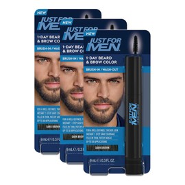 Just for Men 1-Day Beard & Brow Color, Temporary Color for Beard and Eyebrows, For a Fuller, Well-Defined Look, Up to 30 Applications, Dark Brown, Ships in Eco-Friendly Packaging (Pack of 3)