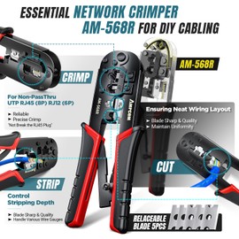 AMPCOM Ethernet Crimping Tool Kit 10-in-1 RJ45/RJ11 Network Tool Kit with RJ45 Tester for Cat6/Cat5e/Cat5 RJ45 Connectors, Includes 110 Punch Down Tool & Wire Stripper, Portable Waterproof Bag