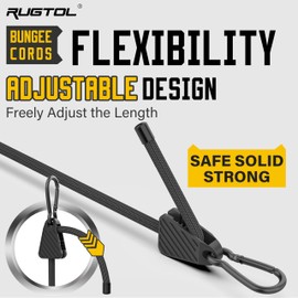 Rugtol Adjustable Bungee Cords with Hooks, 12 Pack Heavy Duty Outdoor Carabiner Bungee Cord, Black Super Elastic Bungee Straps Easily Adjust from 7" to 48", Great for Cargo, Camping, Bike Racks, Tents