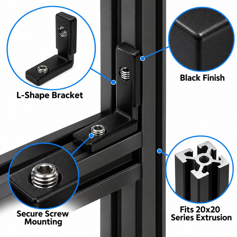 20-Pack 2020 L-Shaped Corner Brackets for Aluminum Extrusion – Black