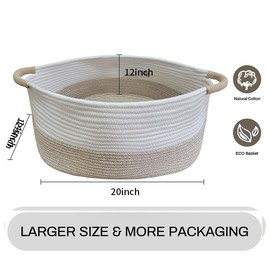 Large Cotton Rope Storage Basket with Handles, Hamper, Laundry Basket, 20 "L x 14" W x 12 "H, Home Decor for Storage Blanket &Toy, etc .(White & Light Khaki)