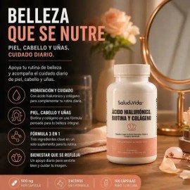 Colágeno hidrolizado, Ácido Hialurónico y Biotina  100 Cápsulas de 500 mg  Vitaminas Mujer  SaludVida                                                 